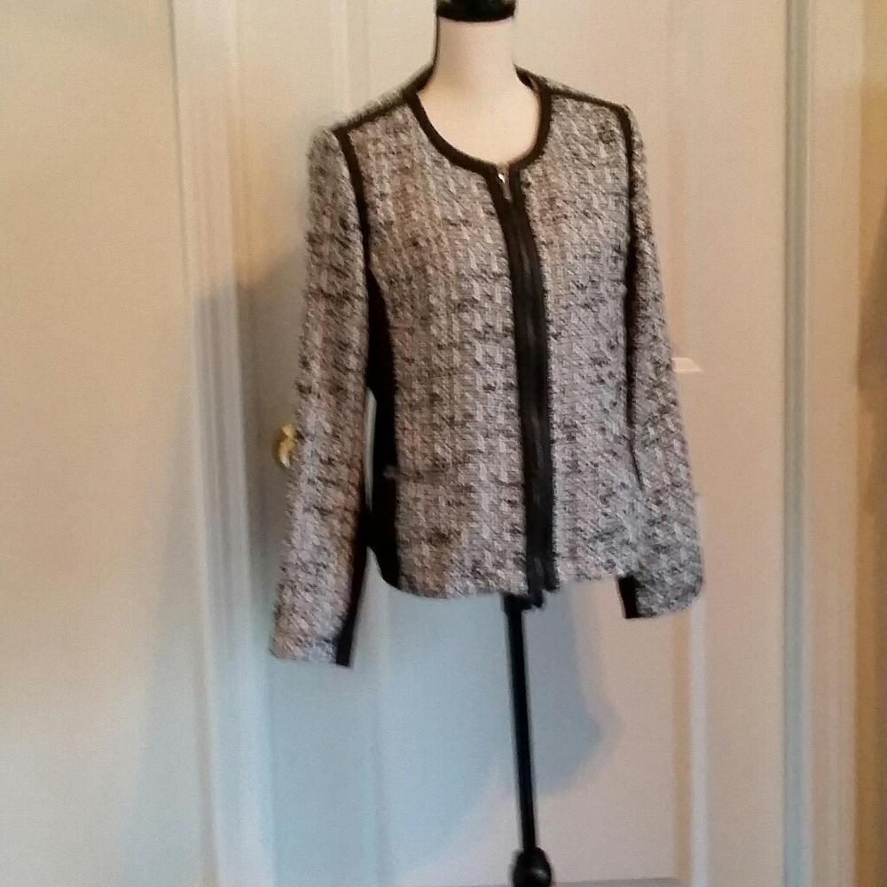 Tweed zip-front jacket with faux leather trim